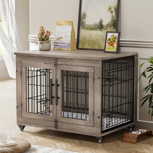 Lulive Dog Crate Furniture for Medium Dogs, 32'' Dog Kennel Indoor with Cushion & Wheels Wooden Dog Cage Double Doors Dog Crate End Table, Grey - Image 1