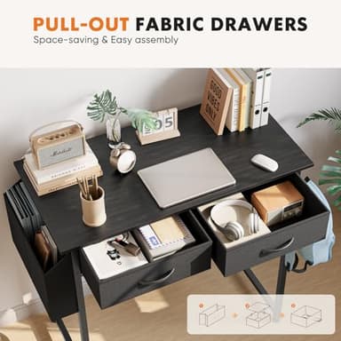 Sweetcrispy Computer Desk Small 32 Inch Home Office Bedroom Writing Study PC Table with Fabric Storage Drawers Space Side Bag Headphone Hook Metal Frame Adjustable Feet Modern Simple Style, Black Wood - Image 4