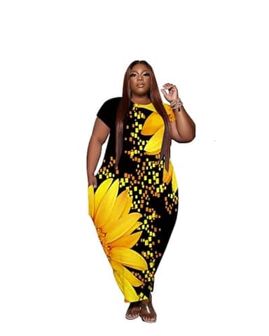 YeGine Oversize Tshirt Dress Plus Size Short Sleeve Maxi Dress with Pockets Yellow 2XL - Image 1