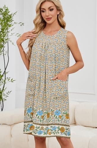 POGTMM Women Sleeveless Shift Dress Sundress Floral Print House Dresses for Women with Pockets (XL, D4-Apricot) - Image 3