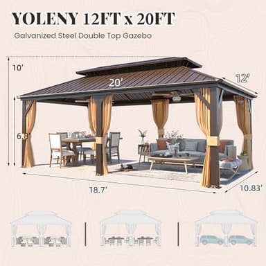 YOLENY 12' X 20' Hardtop Gazebo, Galvanized Steel Ventilation Double Roof Aluminum Frame, Curtains and Netting Included, Outdoor Gazebo for Garden, Patio, Lawns, Parties - Image 3