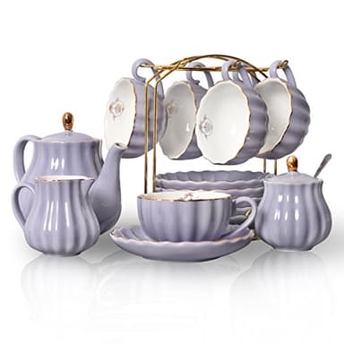 Porcelain Tea Sets British Royal Series, 8 OZ Cups& Saucer Service for 6, with Teapot Sugar Bowl Cream Pitcher Teaspoons and tea strainer for Tea/Coffee, Pukka Home(purple) - Image 1