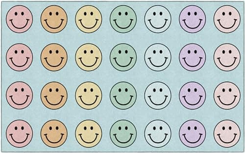 Flagship Carpets Schoolgirl Style Pastel Rainbow Smileys Criss-Cross Applesauce Educational Area Rug for Kids Room, Children's Classroom for Teaching and Playroom, 7'6" x 12', Multi, Seats 28 - Image 1