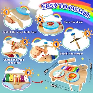 DIFFYBOX Kids Drum Set, Baby Musical Instruments Toys for Toddlers, 7 in 1 Wooden Xylophone Toddler Drum Set Percussion Instruments Musical Toys Birthday Gifts for Children Boys and Girls - Image 8
