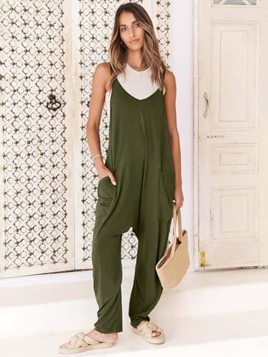ANRABESS Jumpsuits for Women Casual Summer Overalls Sleeveless Spaghetti Strap Romper Jumpers Trendy Beach Vacation Outfits Army Green Small - Image 2