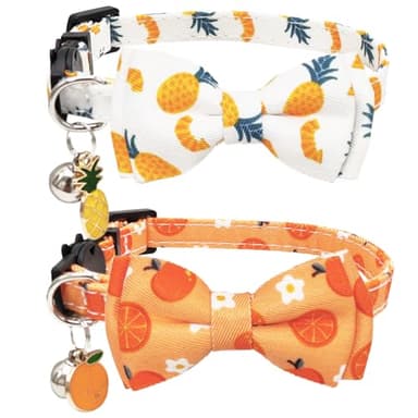 Fruit Cat Collar with Bow Tie Bell and Pendants Breakaway Adjustable Kitten Collars for Spring Summer Pineapple and Orange Pattern - Image 1