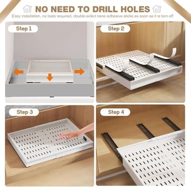 Seinloes 2 Pack Pull Out Cabinet Organizer With Raising Pad for Framed Cabinets,Expandable Width (13"-21") and Depth (17"-24"),3 Slide Rails Slide Out Drawers with Handle,No-Drill Roll Out Shelf,White - Image 8