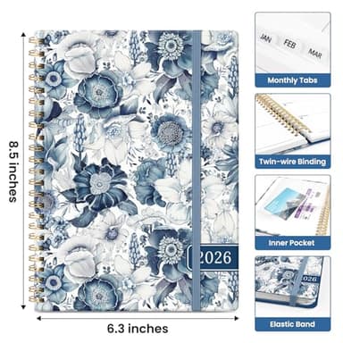 2026 Planner, Monthly and Weekly Calendar Planner for Women, January 2026 - December 2026, Hardcover Pretty 2026 Agenda Planner Book with Tabs, Spiral Bound, Perfect for School Office Home Supplies, 6.3" x 8.5" - Blue Floral - Image 4