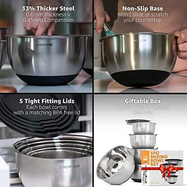 Priority Chef Premium Mixing Bowls With Lids Set, Airtight Lids, Thicker Stainless Steel Mixing Bowl Set, Large Prep Metal Bowls, Nesting Bowls for Kitchen, 1.5/2/3/4/5 Qrt, Black - Image 2