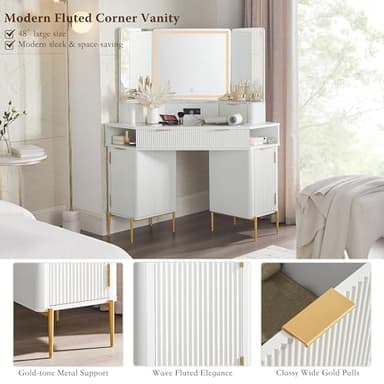 T4TREAM Corner Vanity Desk with Mirror and Lights, Fluted Vanity with Glass Top, Fixed Three-Panel Mirror & Charging Outlet, Dressing Table with 3 Drawers & 2 Storage Cabinets for Bedroom, White - Image 5
