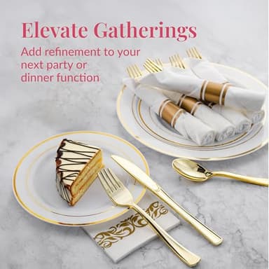 Prestee 400 Pieces Pre Rolled Gold Plastic Silverware Set for 100 Guests - Premium Disposable Silverware Set with Napkins - Wrapped Utensils with Forks, Knives, Spoons, Napkins for Weddings and Events - Image 2