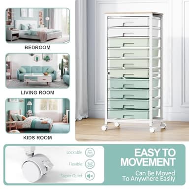 SYKIARIOL Rolling Cart with Drawers,10 Drawer Rolling Cart,Storage Cart,Utility Cart,Teacher Cart for Classroom Storage,Craft Cart with Wheels and Wooden Tabletop,Green - Image 5