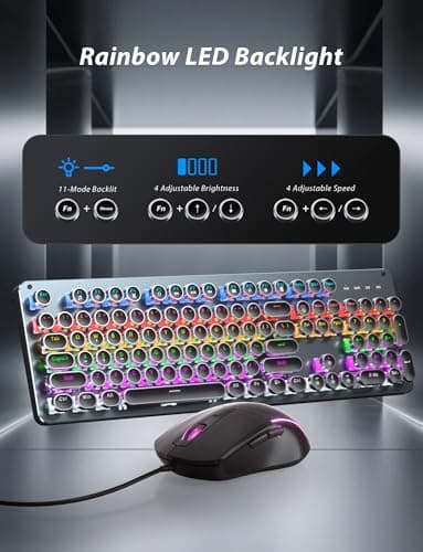 Typewriter Style Mechanical Gaming Keyboard Blue Switch, Rainbow LED Backlit Wired Computer Keyboards Mouse and Pad Combo, Metal Panel Retro Punk Round Keycaps, 104 Keys Anti-Ghost for PC Laptop Gamer - Image 5