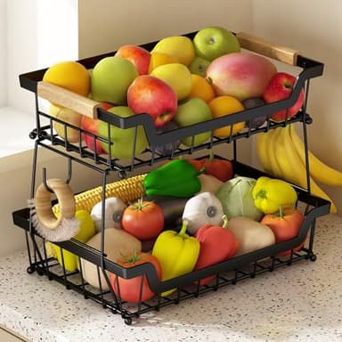 GILLAS 2 Tier Countertop Fruit Basket with 2 Banana Hangers for Kitchen, Detachable Metal Organizer for Bread Vegetable Fruits with Wooden Handle, Large Capacity Rectangular Storage Stand Bowls, Black - Image 3