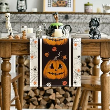 Artoid Mode Jack-O'-Lantern Pumpkins Spider Web Halloween Table Runner, Kitchen Dining Table Decoration for Home Party Decor 13x72 Inch - Image 2