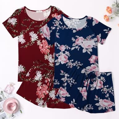 Ekouaer Summer Sleepwear for Women 2 Piece Pajama Set Short Sleeve Sleep Sets Classic Round Neck Pjs with Pockets Red Flowers/Navy Flowers,Medium - Image 3