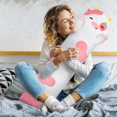 Mewaii Long Cow Plush 5 Sizes, 120% Extra Filling Giant Plushness Kids Body Pillow, Kawaii Cute Strawberry Cow Stuffed Animals Plushies, Big Long Body Pillow Cat Plush Gift for Girls 53” - Image 4