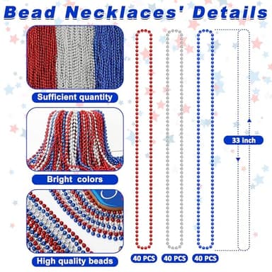 Huskein 120 PCS 4th of July Necklace, 33" Red Silver Blue Metallic Beaded Necklaces, Independence Day Party Accessories Patriotic Bead Necklace for Memorial Day Fourth of July Parades Party Supplies - Image 2