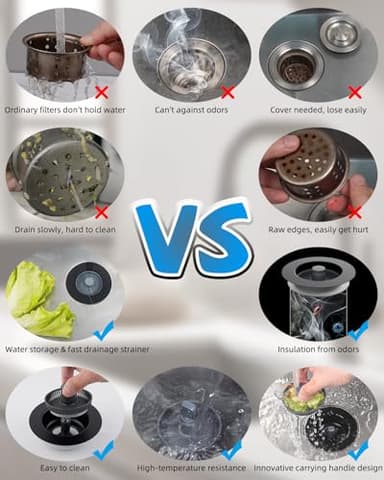 Hibbent 2 Pack 3 in 1 Kitchen Sink Drain Strainer and Stopper Combo, Stainless Steel Metal Pop Up Sink Stopper, Anti-Clogging Basket Strainer with Handle for US Standard 3-1/2 Inch Drain, Black - Image 4