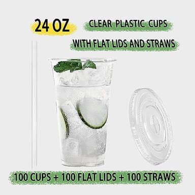 TashiBox 100 sets 24 oz plastic cups with flat lids and straws, smoothie cups with lids and straws, meal prep plastic large cup, clear crystal disposable iced coffee cup with lids - Image 2