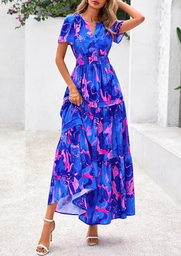 PRETTYGARDEN Women's 2025 Summer Boho Maxi Dresses Floral Short Sleeve V Neck A Line Tiered Flowy Long Beach Vacation Dress (Royal Blue,X-Large) - Image 7