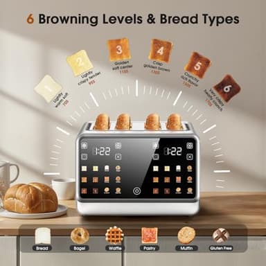 Touch Screen Toaster 4 Slice, Digital Smart Dual Control Touchscreen, Stainless Steel, 6 Toast Types & Levels include Bread, Bagel, with Defrost/Reheat/Single Slot Toasting Function - Image 5