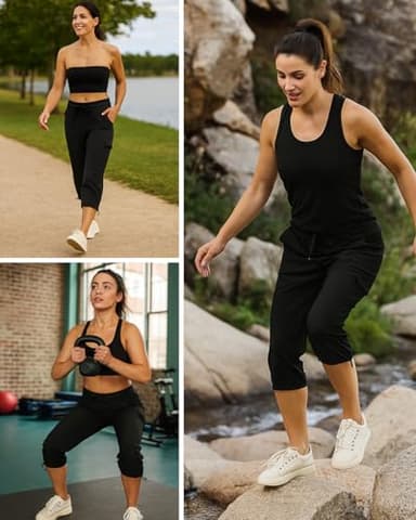RBX Active Women's Cargo Capri Pant with Pockets Fashion Lightweight Woven with Drawstring Jet Black L - Image 6