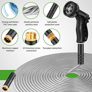 Garden Hose Metal 100FT, Stainless Steel Heavy Duty Water Hose With 10 Function Nozzle, No-Kink, Tough & Flexible, Sturdy and Lightweight, Rust Proof for Yard, Outdoor, RV - Image 2