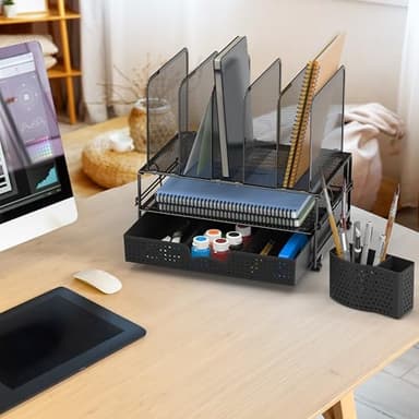 SIMPLE HOUSEWARE Mesh Desk Organizer with Sliding Drawer, Double Tray and 5 Upright Sections, Black - Image 4