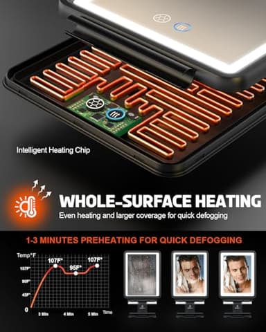 Widitn Heated Shower Mirror Fogless for Shaving, 3 Color Dimmable Lights Shower Mirror Fogless, Rechargeable Anti-Fog Shaving Mirror with Razor Holder, Storage Tray, Squeegee - Image 3