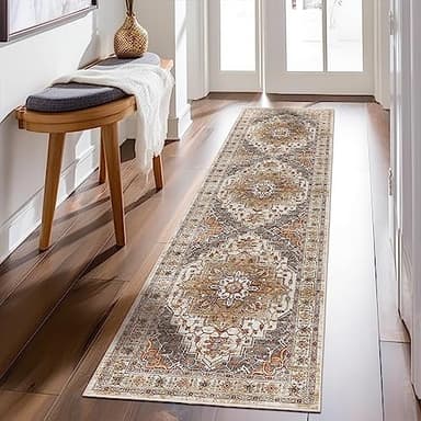 Madane Runner Rug 2x8, Washable Hallway Runner Rugs, Non-Slip Low-Pile Soft Kitchen Rug Runner Laundry Room Rug, Vintage Throw Entry Foyer Mat for Entrance Living Room (Turmeric/Grey, 2 x 8) - Image 9