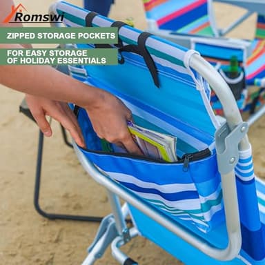 2Pk Aluminum 5-Position Lay Flat Folding Backpack Beach Chairs for Adults, with Cooler Bag, Cup&Phone Holder, Towel Bar for Outdoor Lawn Picnic Sport, Portable Foldable Camping Chairs, Blue Stripes - Image 4