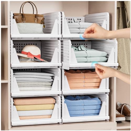 4 Pack Stackable Closet Storage Basket - Stackable Storage Bins, Multifunctional & Foldable Closet Organizer, Wardrobe Cupboard Space-Saving Clothes Storage Hat Organizer, White - Image 1