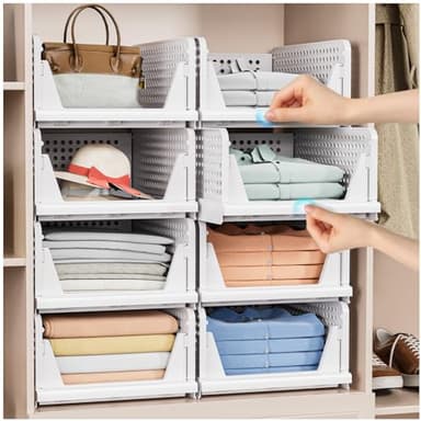 4 Pack Stackable Closet Storage Basket - Stackable Storage Bins, Multifunctional & Foldable Closet Organizer, Wardrobe Cupboard Space-Saving Clothes Storage Hat Organizer, White - Image 1