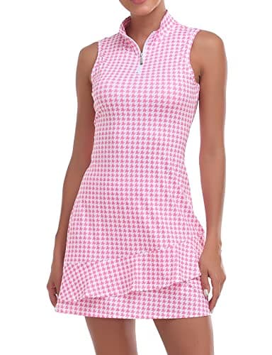 Tennis Dress for Women Classic Golf Outfits Sleeveless Athletic Dresses with Pockets and Shorts Zip Up Stand Collar Lightweight for Pink Houndstooth-S - Image 1