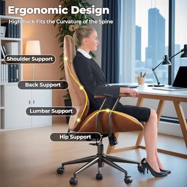 ovios Ergonomic Home Office Chair, Mid-Century Modern Faux Leather Chairs with Padded Armrests, Comfy High Back Swivel Rolling Executive Computer Armchair (Brown, Suede Leather) - Image 5
