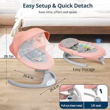 Bioby Baby Swing for Infants with 5 Natural Sway Speeds, Portable Bt Music Baby Bouncer with Remote Control & 5-Point Harness, Lightweight Baby Rocker for 5-20 Lb,0-12 Months Pink - Image 7
