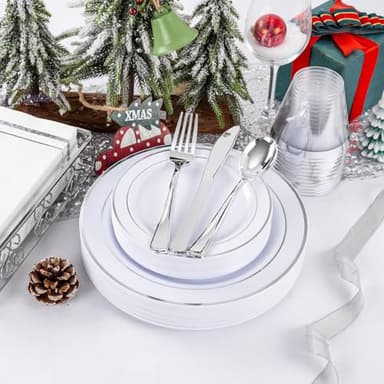 GATHER 700PCS Silver Plastic Plates - Silver Plate Set 100Guest - Disposable Dinnerware Sets 100Silver Rim Dinner Plates 100Silver Dessert Plate 100Paper Napkins&Cups&silver Plastic Silverware Set - Image 4