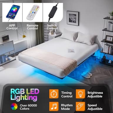 VINGLI Floating Bed Frame Queen with USB Charging Station/LED Lights, 14'' Platform Bed Frame Heavy Duty Metal Bed Queen Size for Kids Teens & Adults, No Box Spring Needed,Black - Image 8
