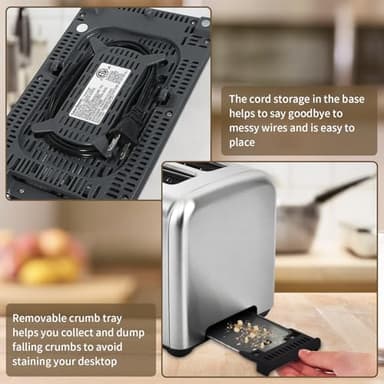 SEEDEEM Toaster 2 Slice, Full Touch Control Stainless Toaster, LCD Display, 50% Faster Heating Speed, 6 Bread Type, 7 Shade Setting, 1.5''Wide Slots, Removable Crumb Tray, 1350W, Silver Metallic - Image 6