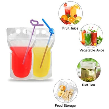 100 Pcs Drink Pouches with 100 Straw Holes, Freezable Juice Pouches, Translucent Reclosable Zipper Plastic Pouche Drink Bags for Cold & Hot Drinks for Adults and Kids - Image 2