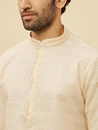 Manyavar Men Blended Cotton Checks Kurta Pyjama Set S Cream - Image 4