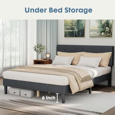 DUMOS Queen Bed Frame with Headboard, Wood Queen Platform Bed No Box Spring Needed, Fabric Upholstered Bed Frame with Adjustable Headboard, 800LBS Support,Noise Free, Dark Grey - Image 9