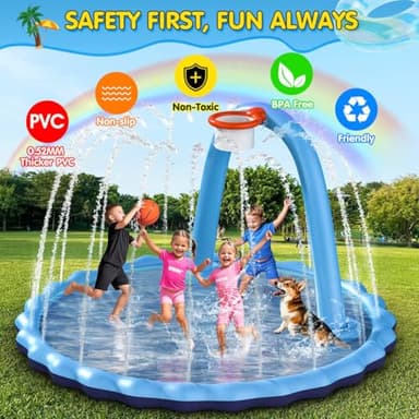 Hipsignal 110" Splash Pad for Kids & Dogs, 2-in-1 Large Sprinkler Water Toys with Basketball Hoop Arch, Thickened Pool Mat Toys for Backyard & Garden Outdoor Summer Fun Ages 4-12 - Image 3