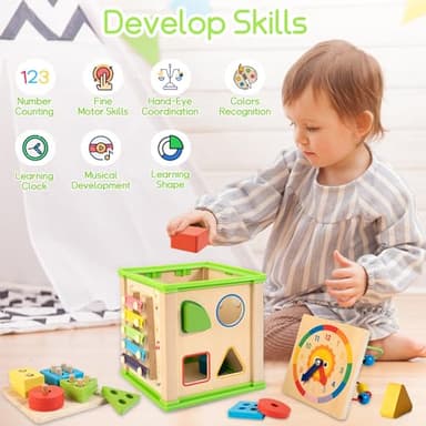 Wooden 7-in-1 Activity Cube| Montessori Toys for 1 2 3 Year Old Toddlers| Baby Educational Developmental Toys |One Year Old Boys Girls First Birthday Gifts |Bonus Sorting & Stacking Board - Image 5
