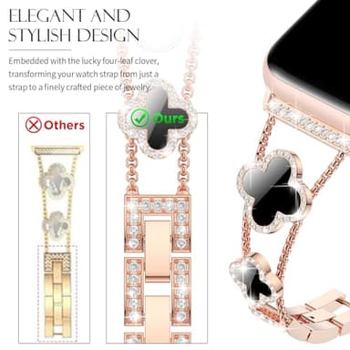 CTYBB Bling Diamond Band Compatible with Apple Watch Bands for Women 40mm 41mm 38mm 42mm Series 11 10 9 8 7 6 5 4 SE 3 2 1, Sparkle Metal Bracelet Wristband, Cute Lucky Clover Dressy iWatch Band,Rose Gold/Black - Image 2