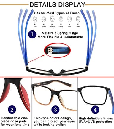 Reading Glasses for Men 4-Pack Stylish Computer Readers with Spring Hinges, Anti Glare/Eye Strain Filter UV Ray Blue Light Blocking Two-Tone Reader Eyeglasses,+1.25 Magnification Strength - Image 4