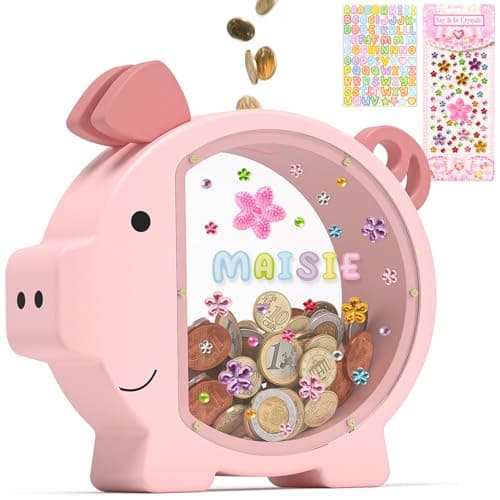 Summidate Pink Piggy Bank Girls,Clear Wooden Piggy Bank for Kids Toddlers,Cute Wood Money Coin Bank with DIY Sticker, Personalized Money Box Toys for Child Birthday Decor - Image 1