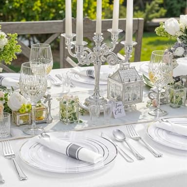 WDF Partyware 350 Pcs Silver Plastic Plates - Silver Dinnerware Set of 50 Dinner Plates 50 Dessert Plates 50 Silverware 50 Napkins 50 Cups for Party&Wedding - Image 2