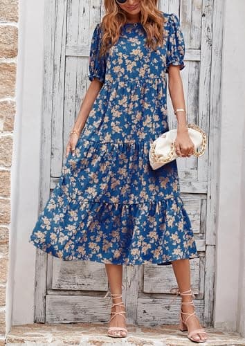 PRETTYGARDEN Summer Dresses for Women 2025 Casual Floral Boho Midi Sun Dress Puff Short Sleeve Flowy Beach Vacation Sundress (Blue Apricot,Small) - Image 8